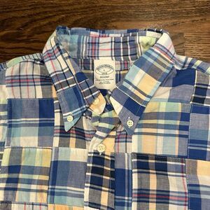 Brooks Brothers Mens Patchwork Plaid Shirt Large Blue‎ Button Down Pocket